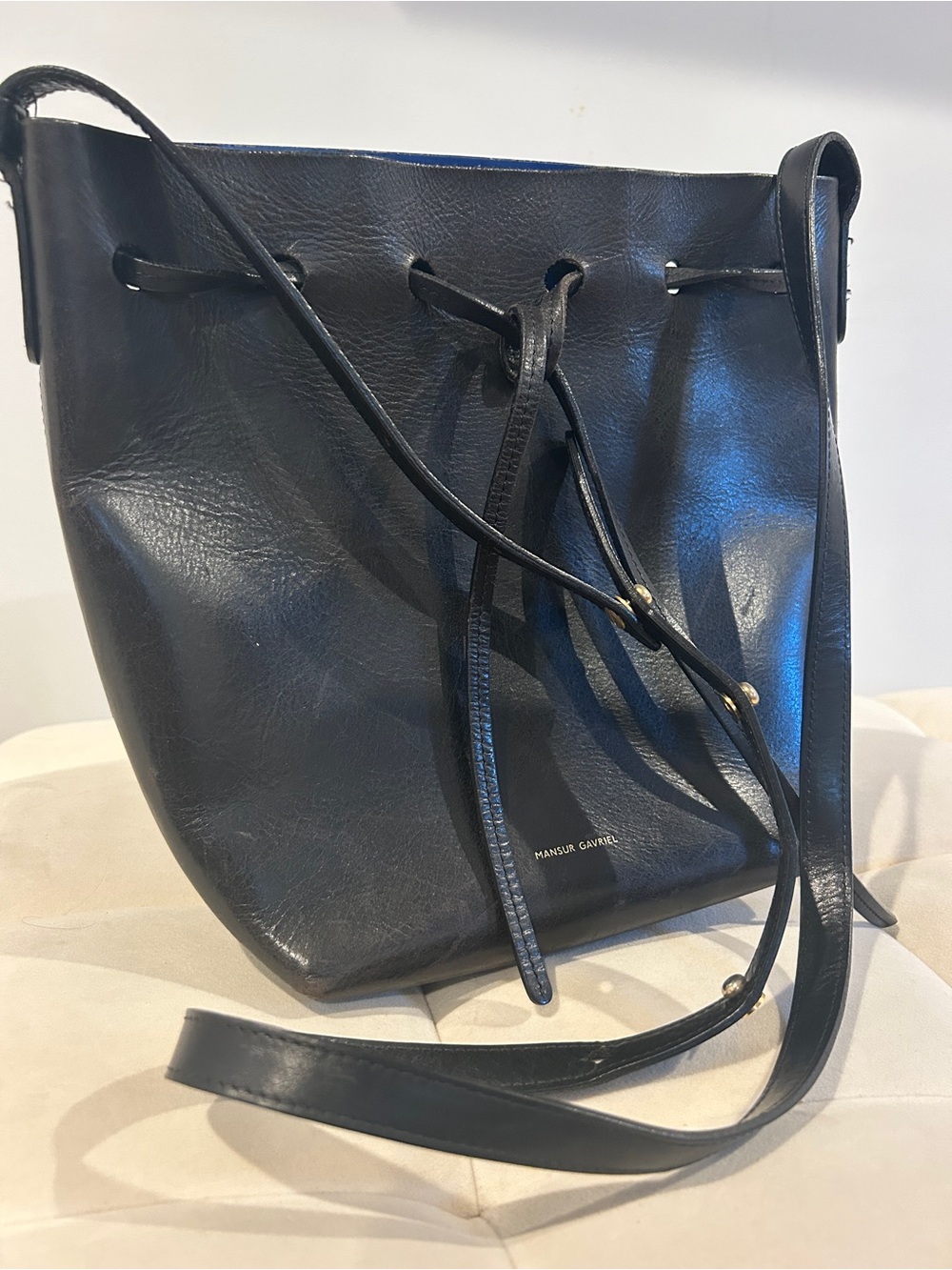 Mansur Gavriel Black Leather Drawstring Shoulder Bucket Bag